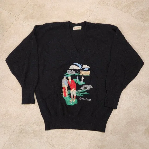 VTG Scott & Charters Hawick Mens M Or L Pure Lambswool Golf V Neck Sweater Knit - Picture 2 of 11